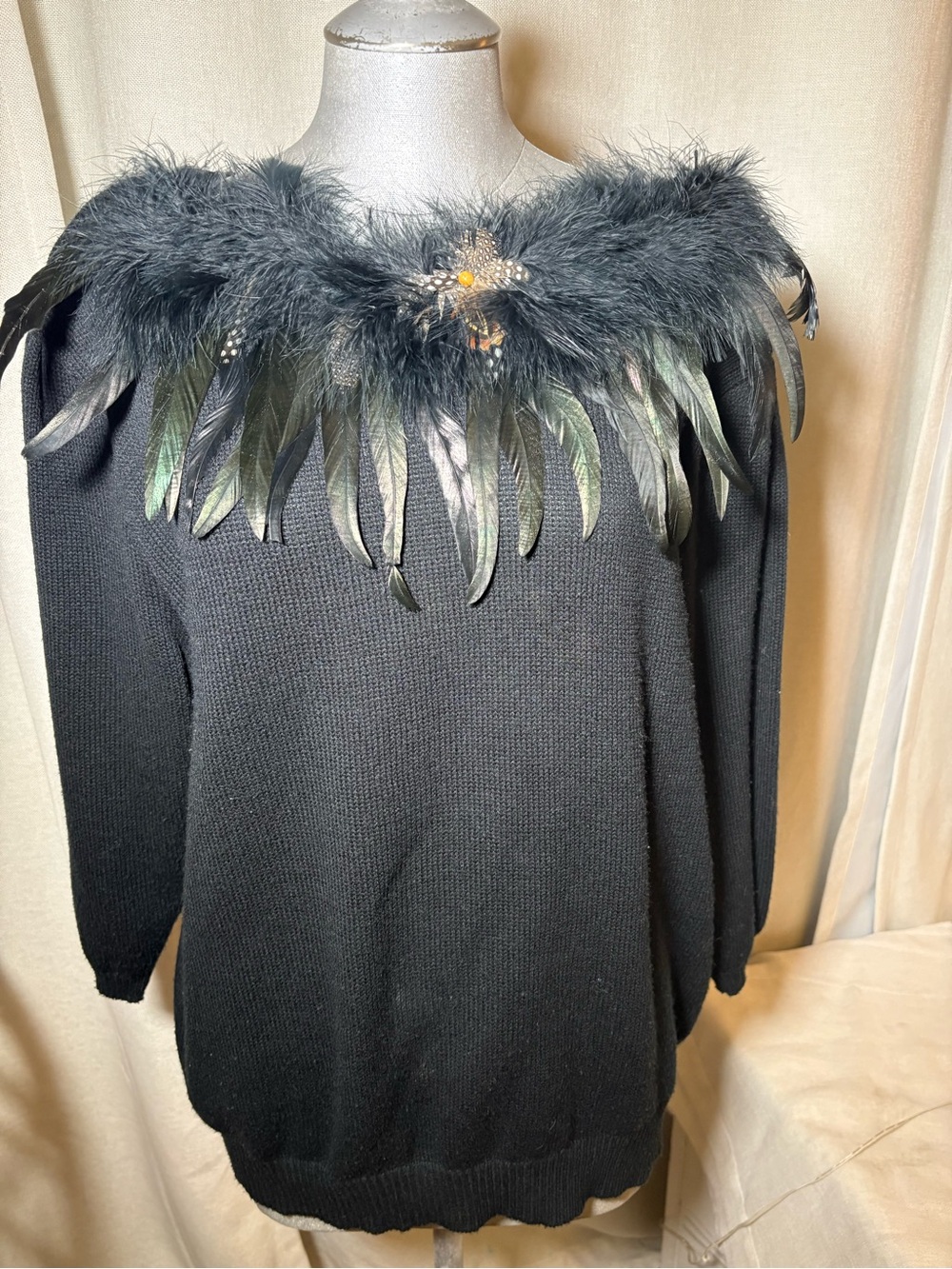 Rare 80s 90s Victoria Jones Feather Sweater Maximalist Gothic Glam Vintage Sz XL